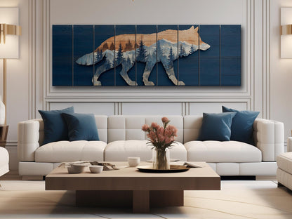 Wolf Silhouette with Forest Print on Natural Wood, Rustic Hunting Wall Art
