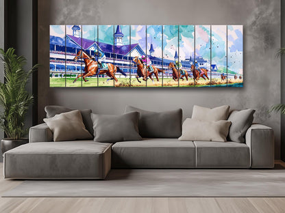 Horse Racing Wall Art – Rustic Natural Wood Print | Vibrant Outdoor Sports Decor