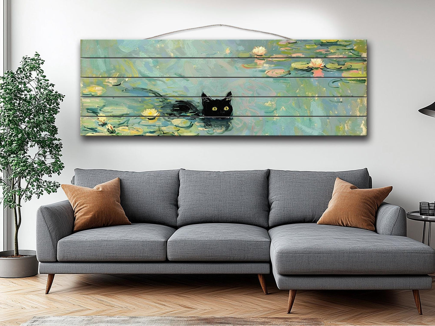 Wood Wall Art - Black Cat Swimming Among Water Lilies | Natural Wood Plank Print