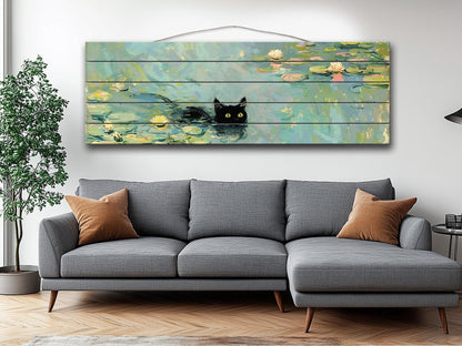 Wood Wall Art - Black Cat Swimming Among Water Lilies | Natural Wood Plank Print