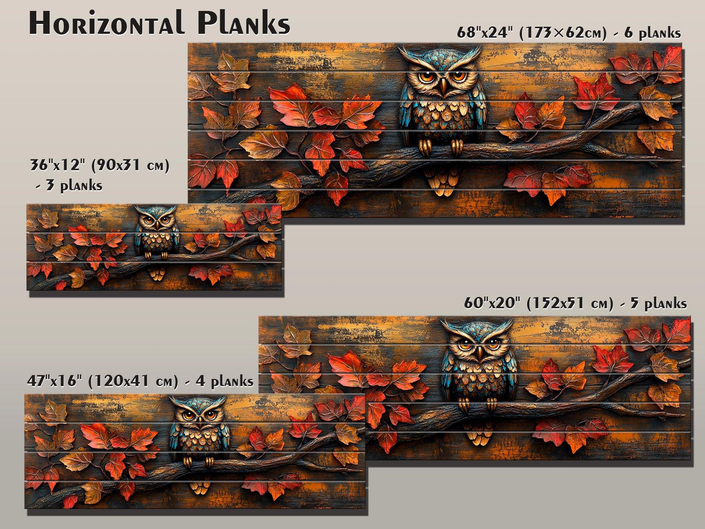 Owl Wood Wall Art – Rustic Autumn Wood Plank Painting with Glowing Fall Leaves