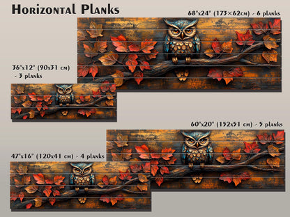 Owl Wood Wall Art – Rustic Autumn Wood Plank Painting with Glowing Fall Leaves