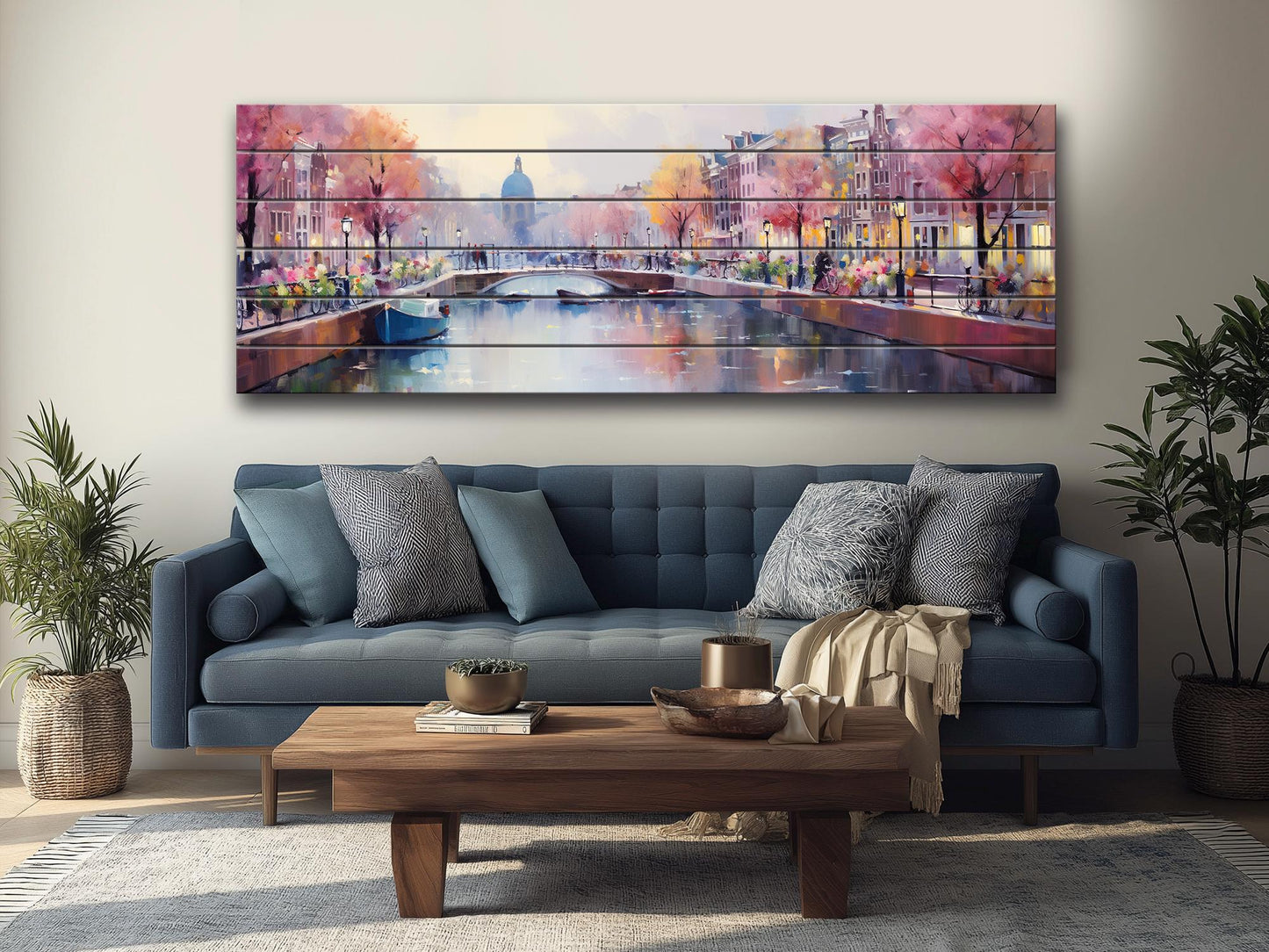 Amsterdam Wood Wall Art – Rustic Abstract Skyline Print on Natural Wood Texture