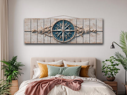 Compass Rose Wood Print – Nautical Wall Art | Rustic Coastal Decor with Anchor & Rope