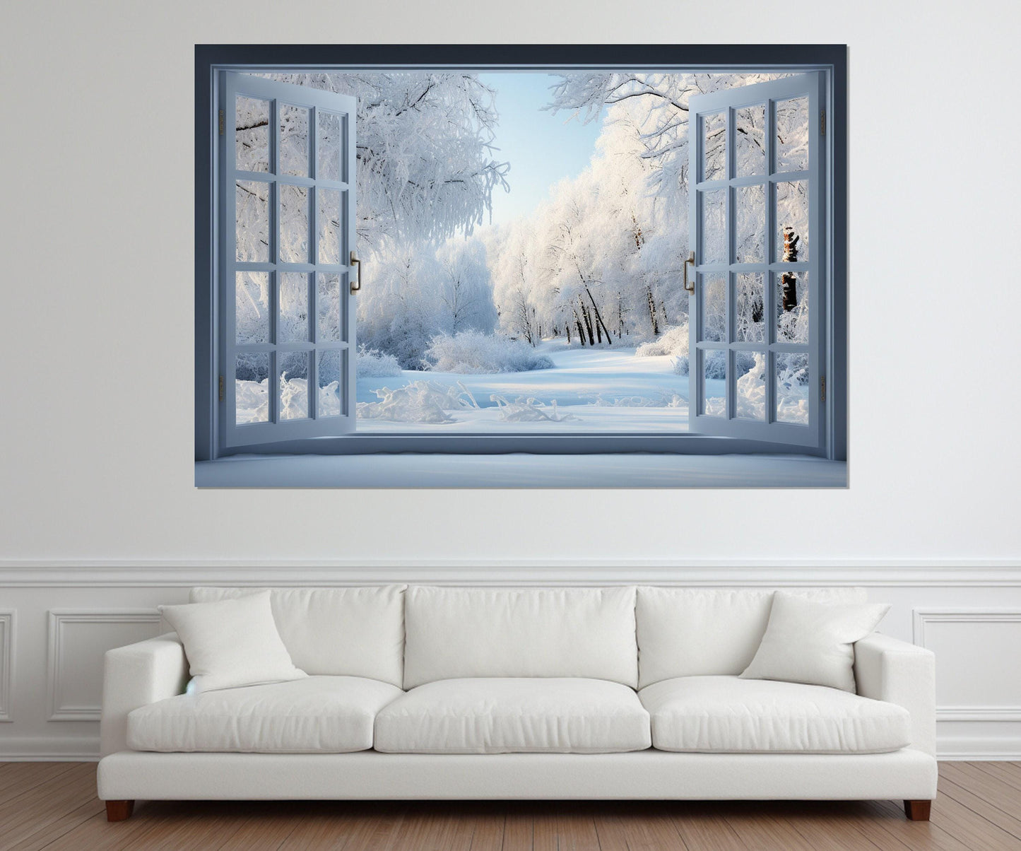 Winter Forest Canvas Art – Open Window Painting | Faux Window Canvas, Ready to Hang