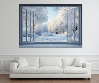 Winter Forest Canvas Art – Open Window Painting | Faux Window Canvas, Ready to Hang