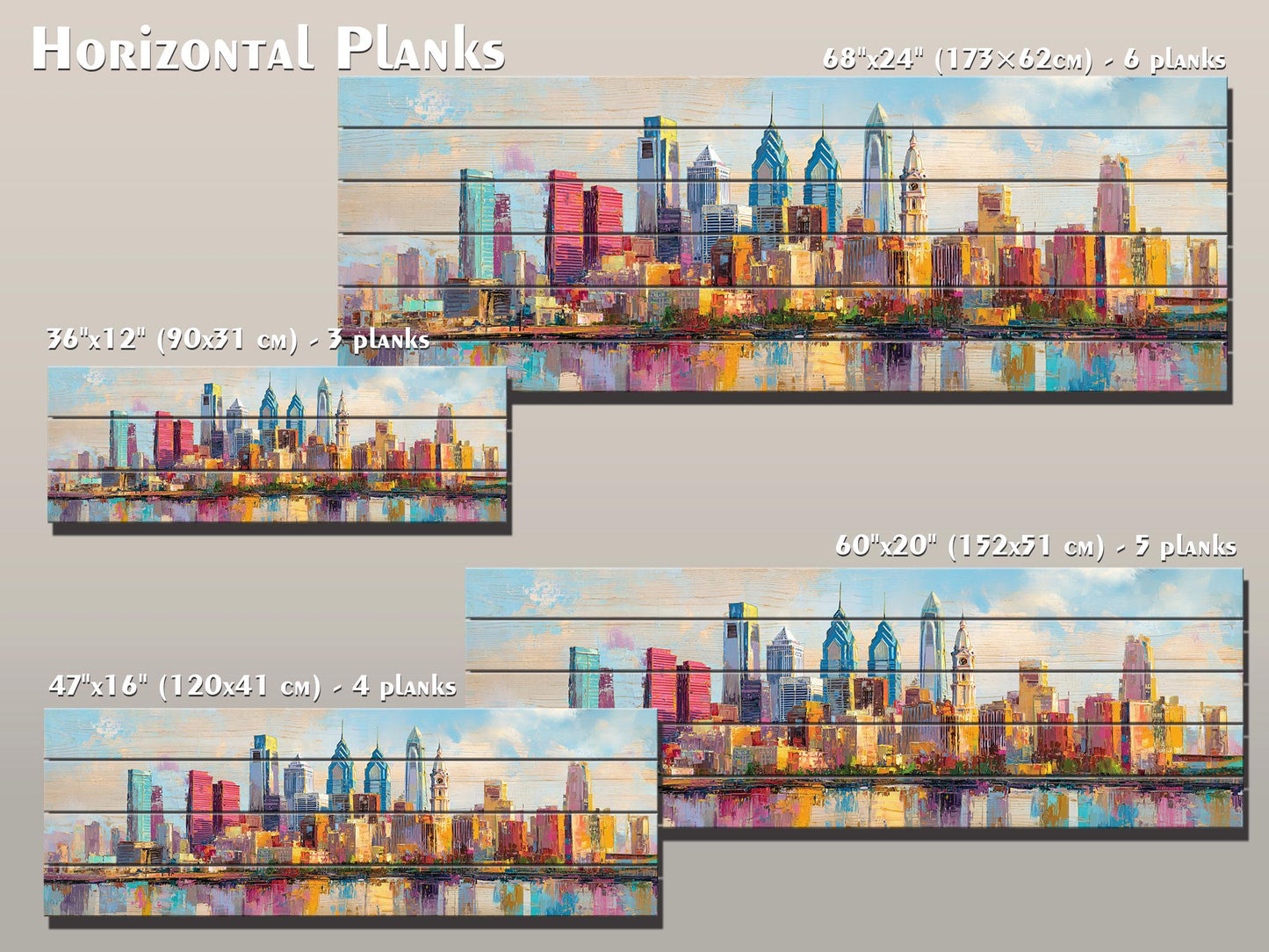 Philadelphia Skyline with Liberty Bell Wood Print – Rustic Wall Art, Bright City Painting on Distressed Wood, Farmhouse Wall Decor