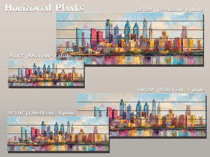 Philadelphia Skyline with Liberty Bell Wood Print – Rustic Wall Art, Bright City Painting on Distressed Wood, Farmhouse Wall Decor