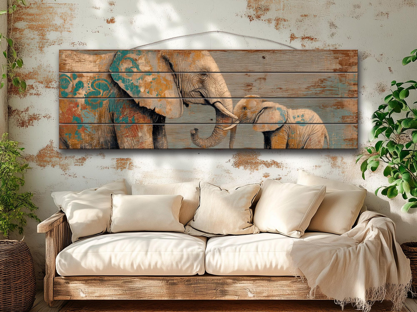 Loving Mother Elephant with Calf on Rustic Wooden Slats, Elephants Wall Art, Elephants Painting, Elephants Print on Wood, Wood Wall Art