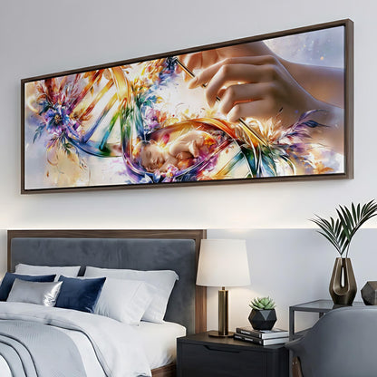 a large, colorful painting of a sleeping baby surrounded by vibrant flowers and abstract shapes, hanging on a wall above a bed with white linens.
