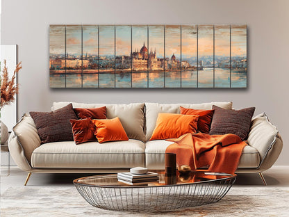 Budapest Wood Print – Rustic Wall Art With Parliament Skyline & Beige Distressed Wood