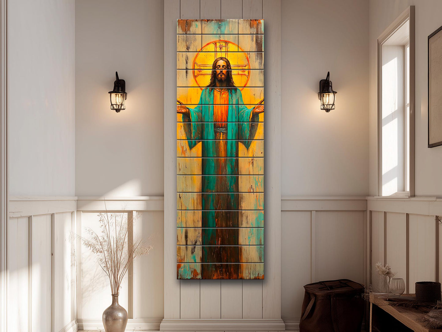 Jesus Christ with Open Arms Painting on Natural Wood – Rustic Religious Print, Christian Wall Decor, Biblical Wall Art, Church Wall Decor
