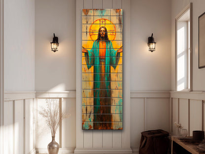 Jesus Christ with Open Arms Painting on Natural Wood – Rustic Religious Print, Christian Wall Decor, Biblical Wall Art, Church Wall Decor