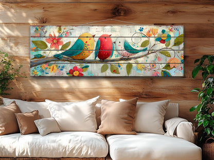 Wood Wall Art - Trio of Birds Print on Natural Wood Plank | Rustic Folk Art Decor