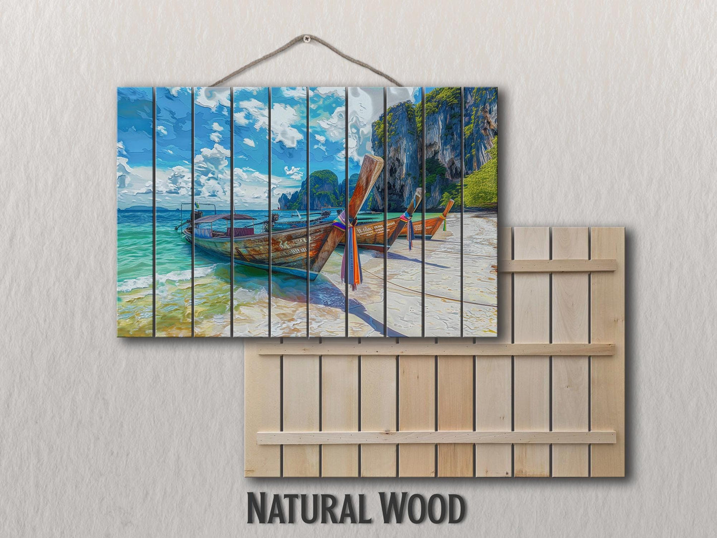 Wood Wall Art - Boats on Beach Print | Tropical Wall Decor with Unique Wood Grain