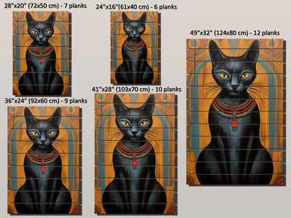 Black Cat Wall Art – Abstract Cat Print on Natural Wood Plank | Egyptian Style Decor