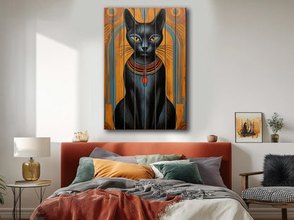 Black Cat Wall Art – Abstract Cat Print on Natural Wood Plank | Egyptian Style Decor