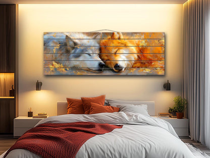 Sleeping Wolf Couple Print on Wood, Romantic Wildlife Wall Art