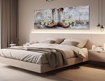 Cowboy Boots Canvas Print – Rustic Western Wall Art with Daisies, Framed & Ready to Hang