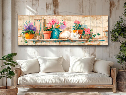 Wood Wall Art – Cozy Sleeping Cat Painting on Natural Wood Plank | Rustic Floral Decor