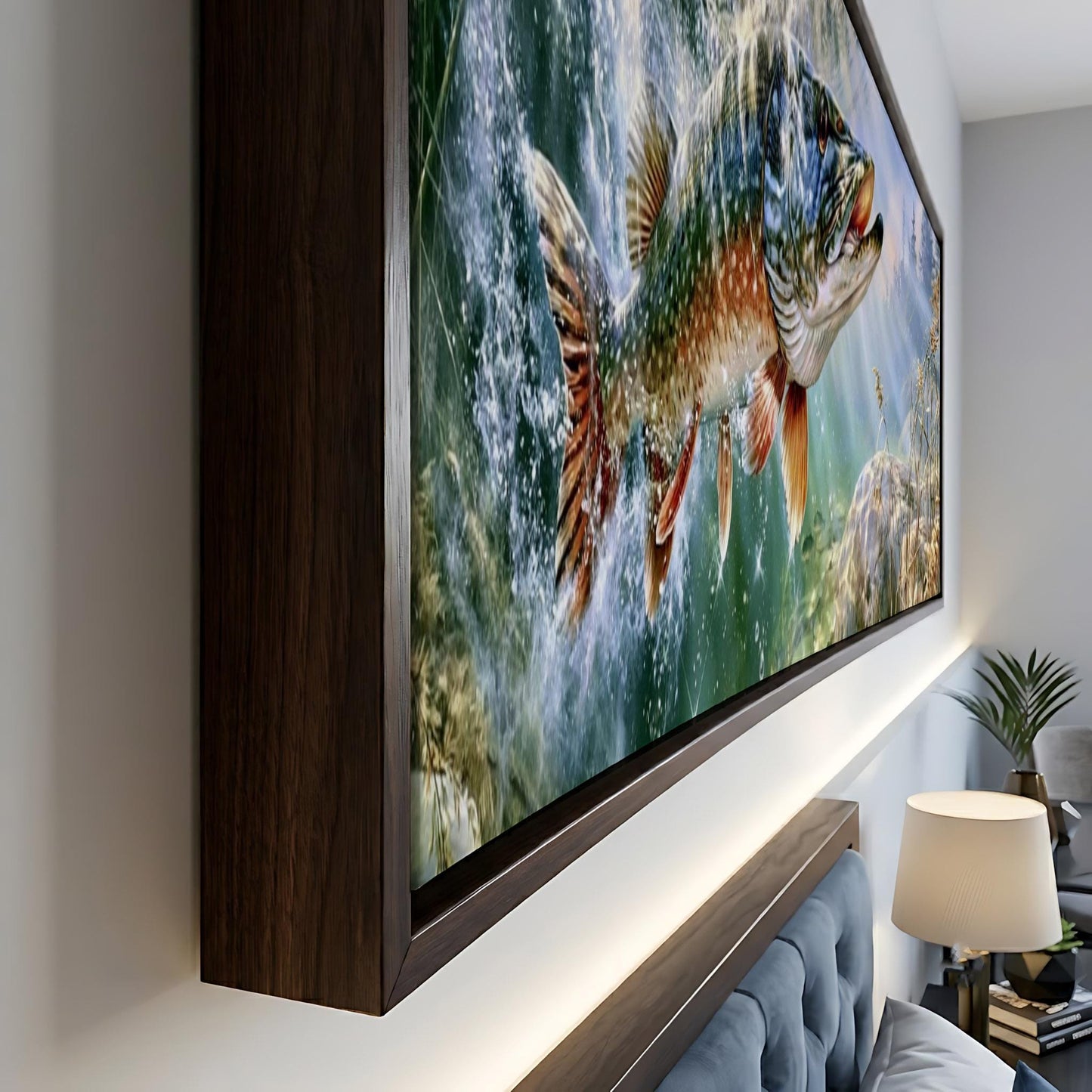 a large, framed painting of a fish swimming in a body of water, displayed on a wall in a room.