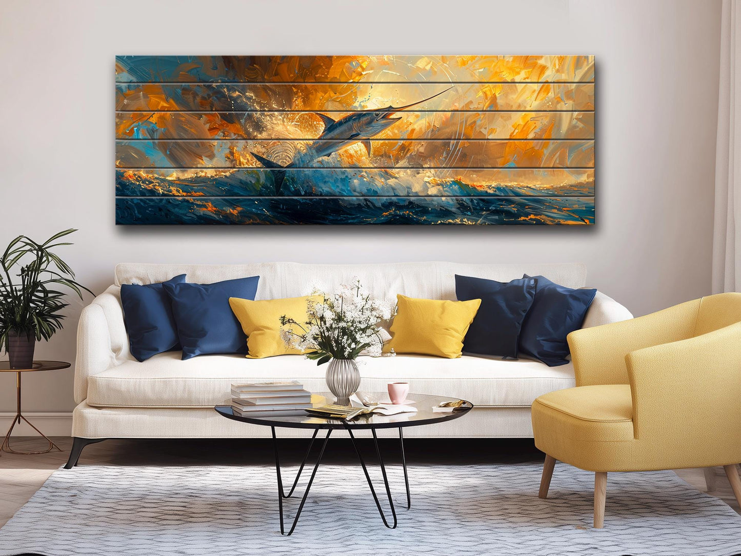 Marlin Wood Wall Art – Colorful Marlin Print on Natural Wood Planks