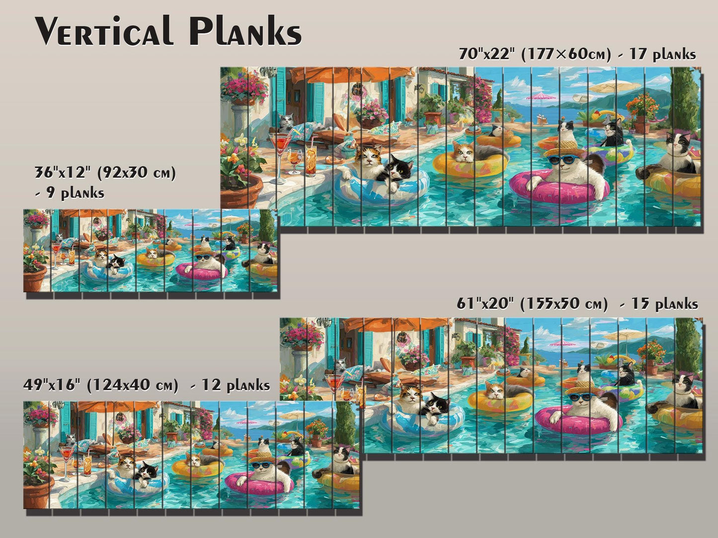 Funny Cat Wall Art – Playful Cat Pool Party Print on Rustic Wood Decor