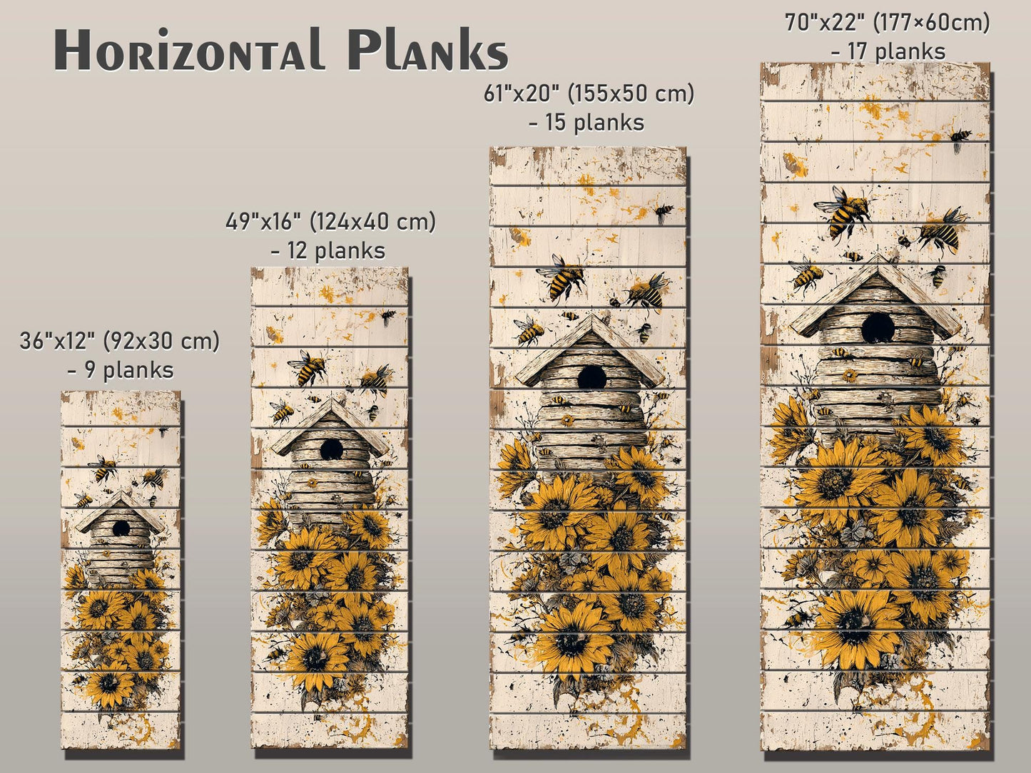 Rustic Wood Wall Art – Beehive Wood Print with Sunflower Floral Decor – Farmhouse Style