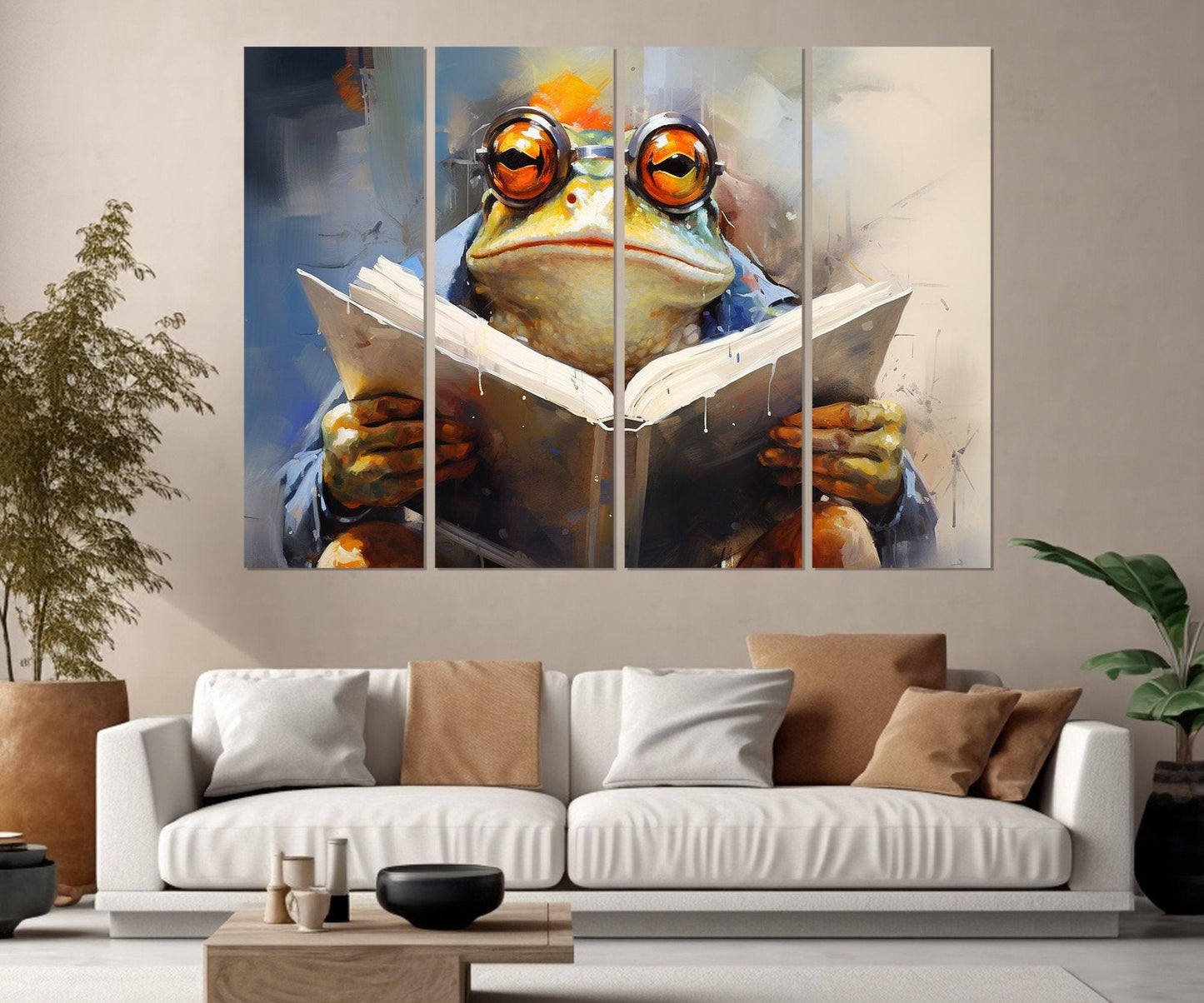 Frog in Glasses Reading Book Abstract Painting Canvas Print, Kids Room Decor, Nursery Wall Art, Framed and Ready to Hang