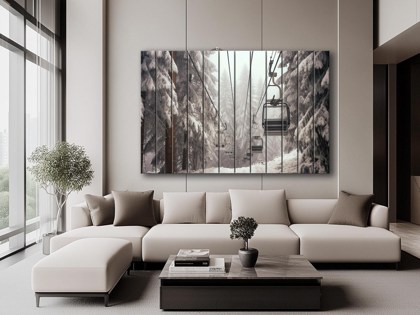 Wood Wall Art – Large Ski Lift Print on Natural Wood Panel | Rustic Winter Decor