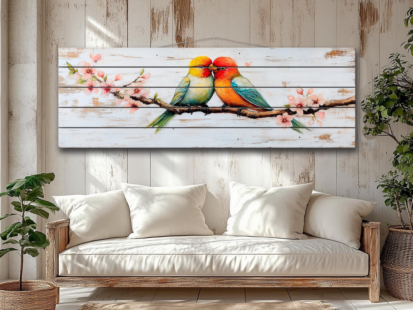 Lovebirds Wood Wall Art – Romantic Cherry Tree Artwork | Rustic Bedroom Decor