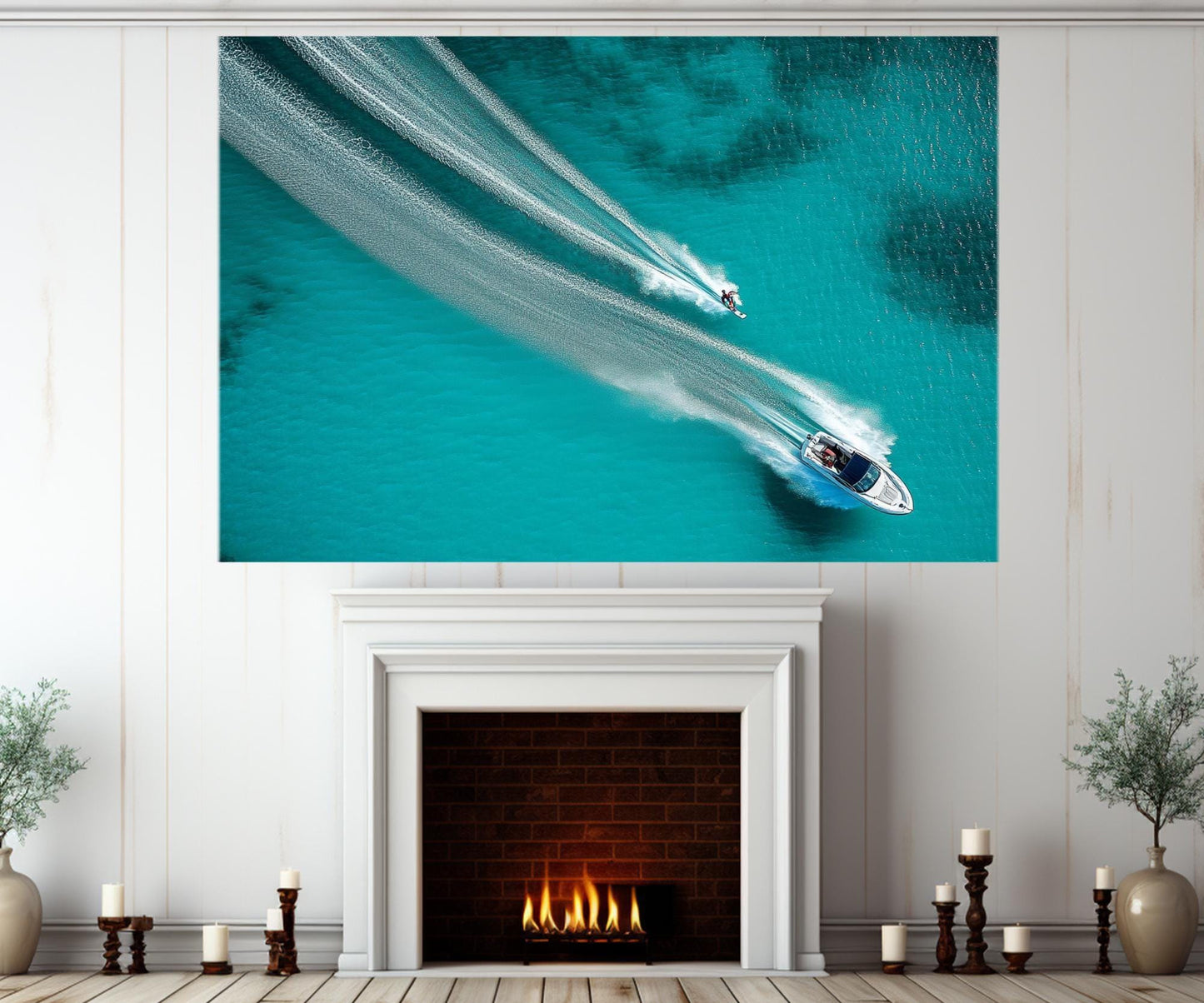 Aerial Motor Boat Canvas – Water Skiing Wall Art | Framed Canvas Print, Ready to Hang