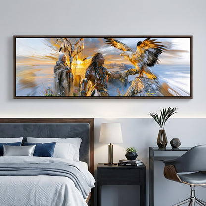 a large framed painting of Native American figures, including a Native American woman and a Native American eagle, displayed on a wall above a bed in a bedroom setting.