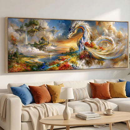 a large, colorful painting of a dragon-like creature with a flowing, rainbow-colored tail, set against a fantastical landscape with floating islands and a sunset sky.