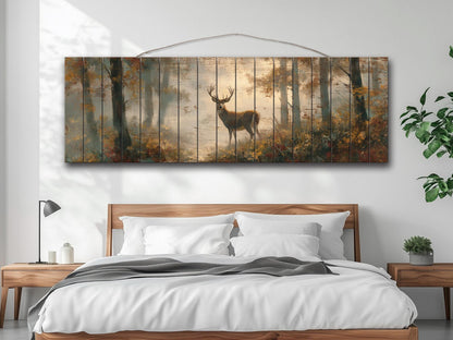 Rustic Wood Wall Art - Majestic Deer in a Misty Enchanted Forest Print on Natural Wood, Soft Tones Deer Wall Art, Hunting Cabin Wall Decor