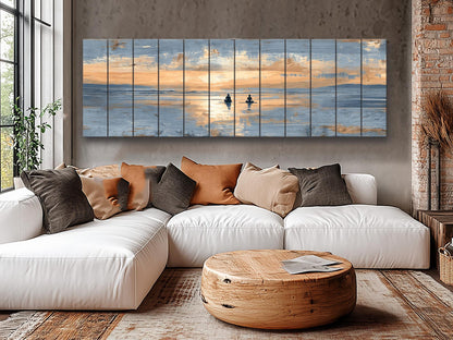 Sunrise Beach Yoga Print – Natural Wood Wall Art | Coastal Yoga Decor