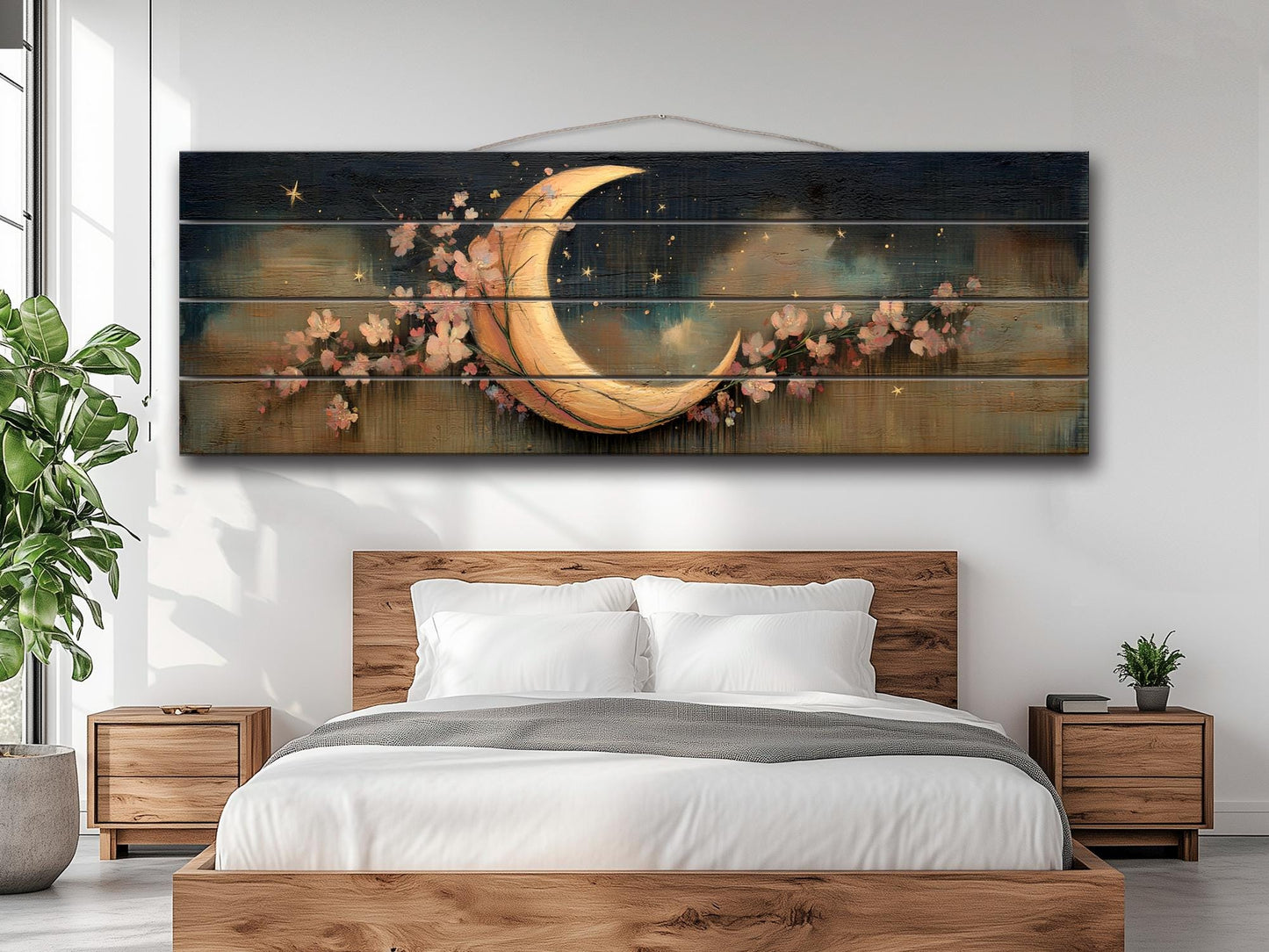 Crescent Moon Wall Art – Rustic Wood Print With Flowers | Boho Nursery Decor