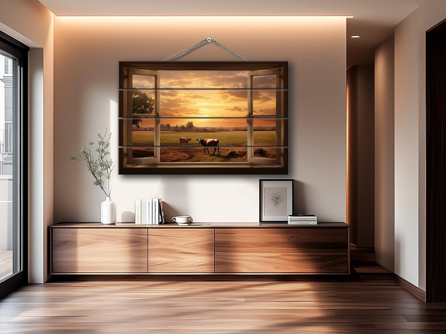 Rustic Wood Wall Art – Open Window Farmhouse Landscape Decor on Natural Wood Planks
