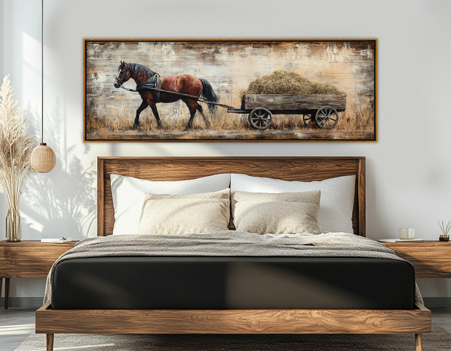 Horse Canvas Print – Brown Horse Pulling Wooden Cart | Rustic Wall Decor Framed Canvas