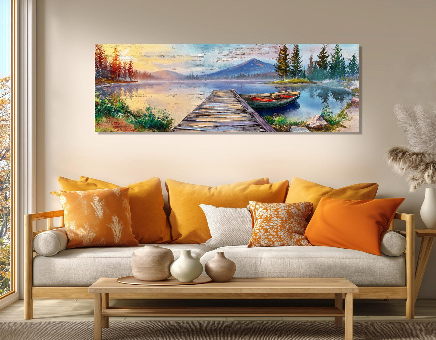 Lake Pier Canvas Print, Mountain Lake and Fishing Boat Painting, Framed & Ready to Hang