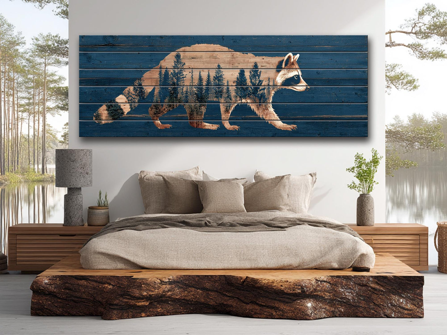 Raccoon Wall Art – Rustic Woodland Forest Silhouette on Natural Wood Planks