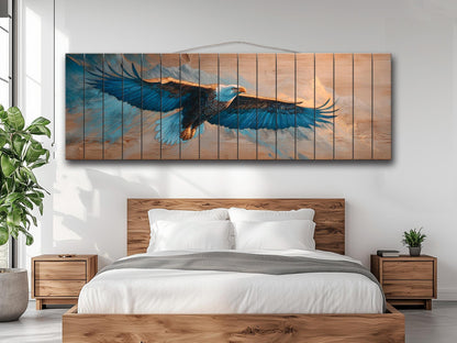 Majestic Eagle Soaring Over Mountain Peaks Print on Natural Wood, Eagle Painting, Birds Wall Art, Rustic Eagle Wood Wall Art, Eagle Print