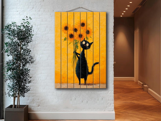 Wood Wall Art – Black Cat Painting with Sunflowers | Minimalist Rustic Decor