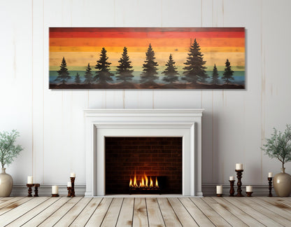Rainbow Sunset Canvas Print – Retro Style Pine Trees Wall Art, Ready to Hang