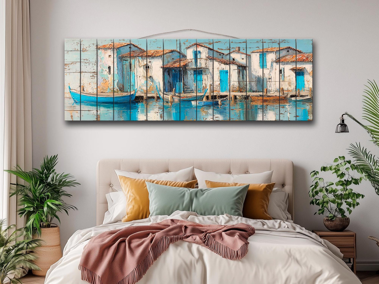 Seaside Village Print – Coastal Wall Art on Rustic Wood with Sky Blue Decor