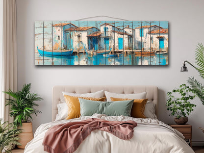 Seaside Village Print – Coastal Wall Art on Rustic Wood with Sky Blue Decor