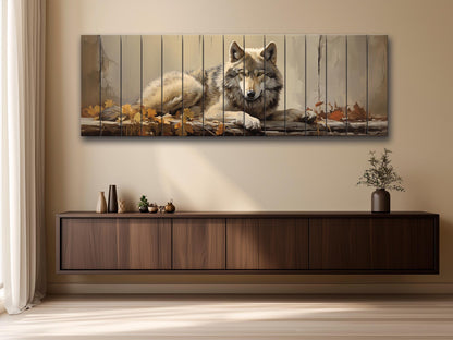 Wolf Wood Wall Art – Rustic Wildlife Decor | Autumn Forest Print on Natural Wood