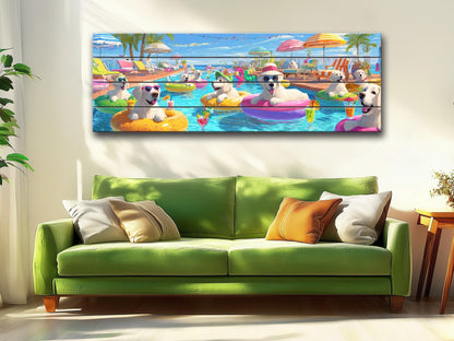 Golden Retriever Wall Art – Playful Pool Party Dog Print on Rustic Wood