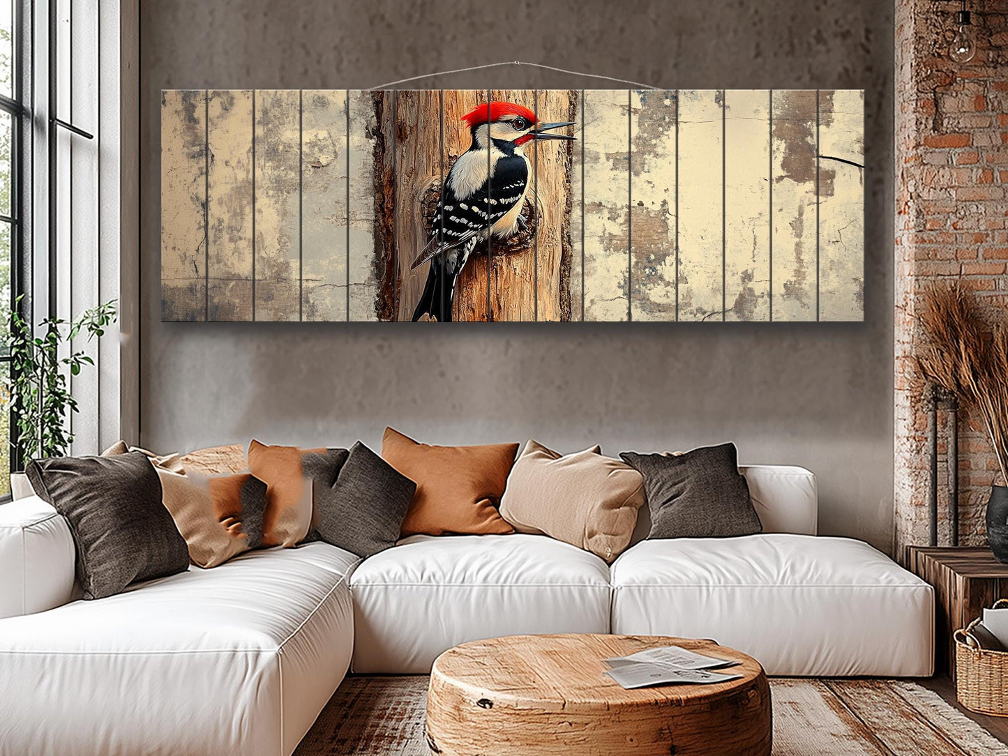 Rustic Wood Wall Art - Woodpecker on a tree Vintage Style Painting Printed on Natural Wood, Woodpecker Print, Forest Birds Print