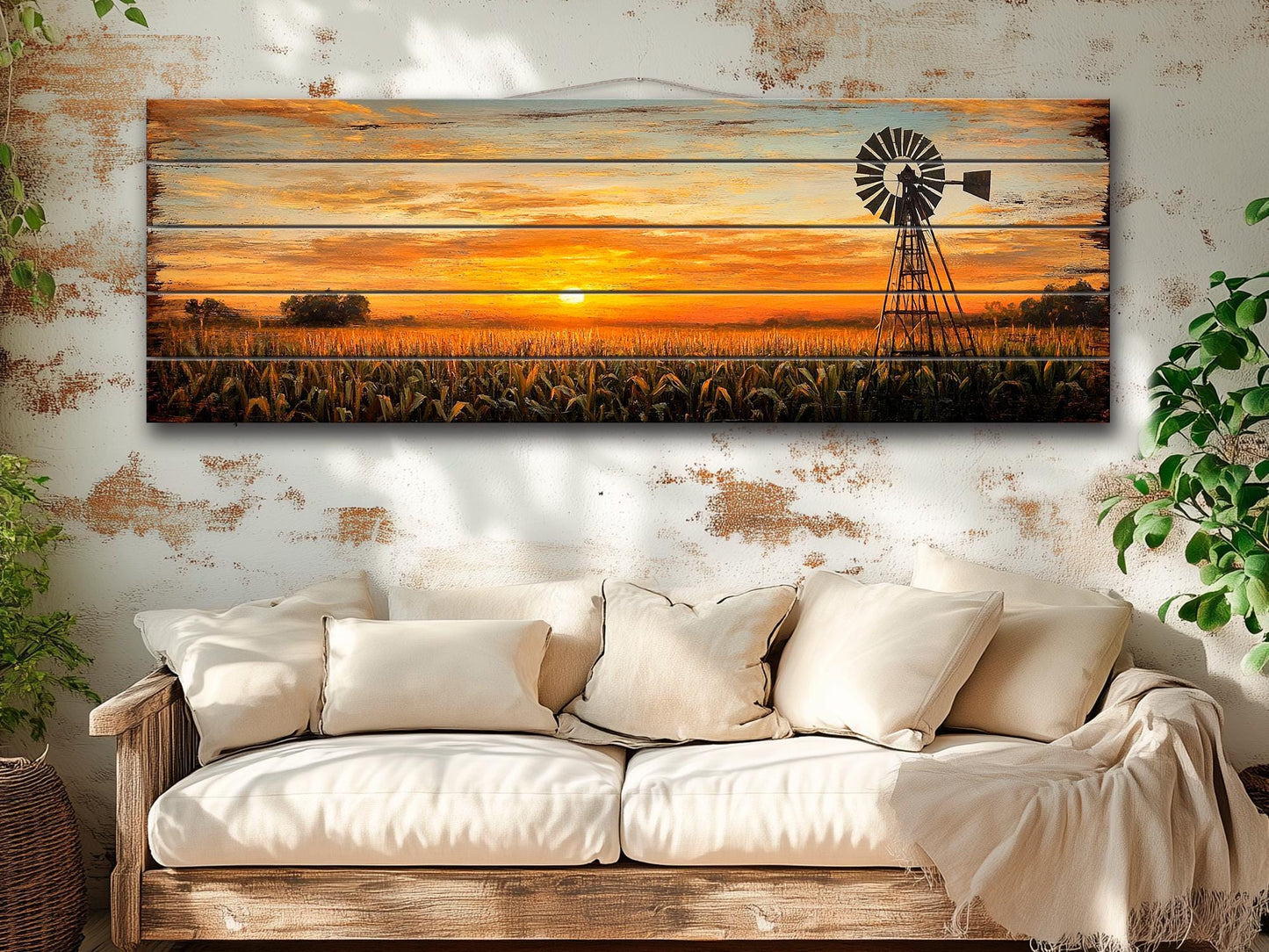 Rustic Wood Print | Abstract Sunset Cornfield Wall Art - Farmhouse Decor